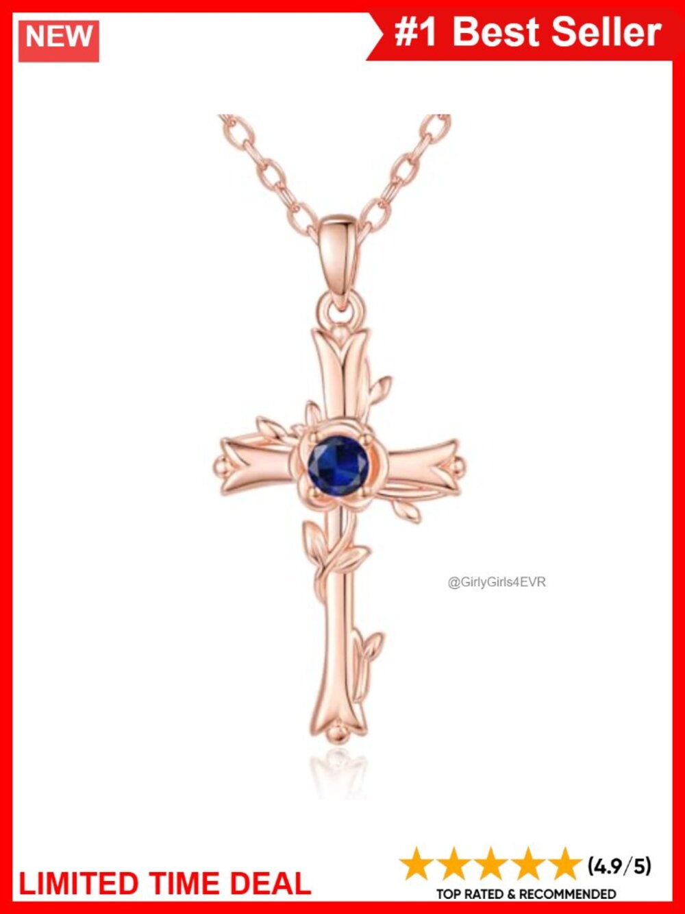 14K Rose Gold Plated Cross Necklace with Birthstone Pendant 18+2 Inch